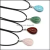 Pendant Necklaces Flat Stone Crystal Quartz Opal Teardrop Necklace Leather Chains For Men Women Fashion Jewelry Drop Delivery Pendant Dhyga