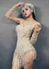 Scene Wear Club Sparkly Rhinestones Pearls Bodysuit Dance Costume Nightclub Celebrate Party One-Piece Sexy Leotard