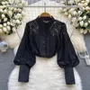 Women's Blouses Autumn Fashion Fashionable Long-sleeved Hollow Lace Card Waist Tops