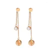 Boucles d'oreilles longues pour femmes et filles, pompon en Zircon, or Rose, titane, breloques en acier inoxydable, bijoux qui ne se décolorent pas, cadeau (KGE003)