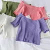 Women's T Shirts Women Summer Shirt 2023 Off Shoulder Striped Short Crop Tops Solid Knitted Casual T-shirts Stretchy Candy Color Top