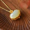 Chains Ancient Gold Craft Inlaid Rhyme Hollow Flower Necklace Natural Hetian Jade Pendant Jewelry Can Open The Gawu Box