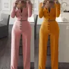 Pantalon deux pièces femme 1 ensemble haut court couleur unie taille haute printemps automne femmes tenue tempérament boutons manteau pantalon pour fête