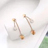 Boucles d'oreilles longues pour femmes et filles, pompon en Zircon, or Rose, titane, breloques en acier inoxydable, bijoux qui ne se décolorent pas, cadeau (KGE003)