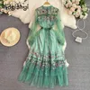 Casual Dresses Vintage Temperament Court Style Long Dress For Women Sleeve Round Neck Net Yarn Embroidery A Line Ruffles Big Swing