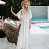 Casual Dresses Corzzet Bohemian White Cotton Bikini Cover Up Women Sexy Hollow Out Swimsuit Summer Beach Dress Clothes 2023