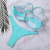 Kvinnors badkläder 2st kvinnor Sexig Push Up Underwire Bra Thong Brasilian Bikini Set Bandage Swimsuit Summer Beach Bathing Suit