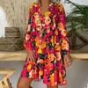 Vestidos casuales Vestido de talla grande Botones de moda para mujer Cuello en v Manga larga Verano Estampado floral suelto Mini Beach8fu4