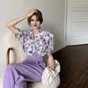 Women's Two Piece Pants Women 2023 Summer Korean Suits Female Floral Short Sleeve Blouses High Waist Wide-leg Ladies Two-piece Sets Y144