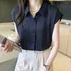 Women's Blouses Woman Turn-down Collar Straight Top Female Summer Casual Short Sleeve Elegant Solid Color Pleated Chiffon Shirts G48