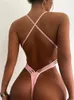 Maillot de bain femme Sexy Extreme String String Femme Maillot de bain une pièce côtelé Femme Cross Backless Monokini High Cut Maillot de bain Swim