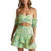 Werkjurken Zomerrokken Zet Outfits Women Solid Floral Print Short Sleeve Strapless Crop Tops Ruffles Minual Beach ZZBX