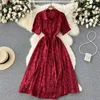 Casual Dresses Vintage Women Red Short Sleeved Maxi Dress 2023 Summer Polo Collar Floral Print Formal Party Midi Temperament Robes