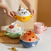 Tigelas tigelas salada de cerâmica japonesa Bowl Bowl Cartoon com tampa de macarrão sobremesa de frutas Snack Bento Box para o escritório do aluno de mesa