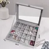 Pudełka do przechowywania pojemniki duże aksamitne szare obudowę z szklaną osłoną biżuterii pierścień Ring Box Tray Holder Organizer Bransoleter