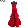 Party Dresses Arrival Mermaid Dark Red Satin Sleeveless Sweetheart Neckline Layered Cutout Real Sample Long Prom Formal Gown