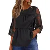 Blouses voor dames elegante 3/4 mouw peplum top voor vrouwen zomer bloemen mesh driedelte kwart chiffon lounge tuniek shirts zwart 2023