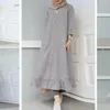 Ethnic Clothing 2023 Muslim Abayat Dress Solid Round Neck Button Placket Abaya Femme Pocket Long Sleeve Ruffle Hem Islamic Skirt