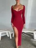 Casual Kleider Mozision 2023 Herbst Gestrickte Hohe Split Kleid Für Frauen Robe Elegante V-ausschnitt Volle Hülse Bodycon Sexy Lange vestido