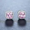 Studörhängen lyxig kvinnlig rosa sten zirkon fyrkantig mode silver färg bröllop smycken vintage dubbel för kvinnor