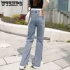 Kadın kot pantolon kadın kargo pantolon kadın elastik yüksek bel bölünmüş moda gevşek mavi denim pantolonlar joggers kadınlar vintage sokak kıyafetleri