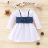 Flickaklänningar 1-5 år Fashion Autumn Clothing Dress med Vest Long Puff Sleeve Crew Neck Denim Kids Outfits