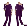 Mother Of The Bride Suits Purple Two Pieces Pant Layered Irregual 1/2 Long Sleeves Chiffon Plus Size Wedding Guest Dress Drop Delive Dhkgl