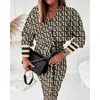 Plus Size 3xl Designer Women Dresses Stampato con scollo a V Abito sexy Moda gonna a maniche lunghe