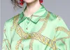 فستان ثنائي الخريف سلسلة مدرج سلسلة طباعة Women Women Sleeve Green Shirt أعلى ارتفاع الخصر مطوي بدلة التنورة الصغيرة 230303