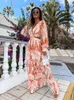 Robes décontractées Foridol été Boho découpé col en v Maxi robe femmes imprimé fleuri Vintage à manches longues 2023 plage vacances Chic