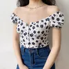 Dames blouses vierkante nek bloemen roze blouse korte mouw crop top vrouwen mode bijgesneden bustier zomer vintage shirt puff puff