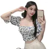 Women's Blouses Sexy Off Shoulders Floral Ruffles Chiffon Shirts Slim Folds Square Collar Pleated Blouse Elastic Puff Sleeve Lace Up Tops