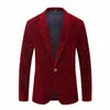 Herenpakken 2023 Men Heren Winterwijn Wijn Red Bourgondië Velvet bloemenpatroon Pak Jacket Slim Fit Blazer Designs Stage kostuums voor zangers