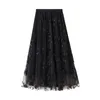 Skirts 2023 Fashion Women's Long Tulle Casual High Waist Pleated 3D Flower Embroidery Solid Color Ladies Girls Midi Swing