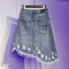 Röcke Damen Unregelmäßiger Jeansrock Koreanischer Sommerstil Loch Große Größe Hohe Taille A-Linie Paket Hüfte Kurz Damen