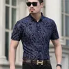 Freizeithemden für Herren, kurzärmelig, einreihig, durchsichtig, Seide, Oberteil, Jacquard, Schwarz, Blau, C5Men's