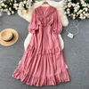 Ny Autumn Solid Slim Chiffon Lady Casual Dresses Full A Line O Neck Pullover Mid-Calf High midje Women 2023