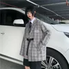 Ternos femininos Blazers coreanos harajuku túnicos xadrezas cinzentas letra bordada de bordado casual casual casual casaco vintage fêmea feminina