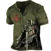 Men's T-Shirts Vintage Cotton T-shirt For Men 3D Print Knight Henley Shirt V-neck Short Sleeve Oversized Tops Tee Shirt Men Clothing Streetwear 230303