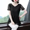 Women's T Shirts Sexy See Through Mesh T-shirt Women Summer Casual V Neck Short Sleeve Sequins Ruffle Hem Plus Size Office Lady Pullover Tee