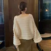Malhas femininas mulheres elegantes suéters de manga de lanterna de peito solteiro bege ladra solta casual v pescoço cardigan suéter etono coreano malha