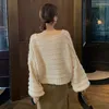 Women's Knits Women Elegant Single Breasted Lantern Sleeve Sweaters Beige Lady Loose Casual V Neck Cardigan Sweater Autumn Korean Knitted