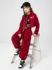 Stage Wear Girls Jazz Dance Costume Hip Hop Performance Clothes Red Long Sleeves Cargo Pants Navel Coat Kpop Kids Outfit BL9646