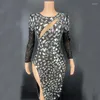 Stage Wear Full Diamond Lens Split Long Dress Sleeved Evening Trailing Birthday Celebrate Outfit Mirrors Costume XS5170