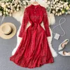 Casual Dresses A483 Women Grey Blue Red Vintage 2023 Girl Long Sleeve Slim Lace Crochet Midi Dress With Buttons