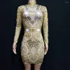 Scene Wear Boutique Fashion Ice Silk Round Collar Long Sleeve Sexig klänning Golden Silvery Costume Evening Party Bar Nightclub