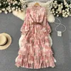 Casual Dresses Stand Collar Gauze Long-sleeved Print Pleated Dress Women Spring Autumn Long Sleeve Party Vestidos Elegantes Para Mujer H996