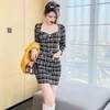 Casual Dresses Fashion Women Vintage Sweetheart Neck Pocket Plaid Mini Party Dress Temperament Elegant Sexy Street Clothes Skinny Female