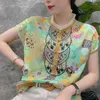 Damenblusen Damen Frühling Sommer Stil Chiffon Hemd Elegant Kurzarm Bedruckt Knopf O-Ausschnitt Lässige Vintage Tops SP218