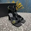 Modedesigner-Stil Damen-Sandalen, sexy runder Kopf, Satin-Metallschnalle, Damen-High-Heels, schwarze Partykleid-Schuhe 35-42 mit Box